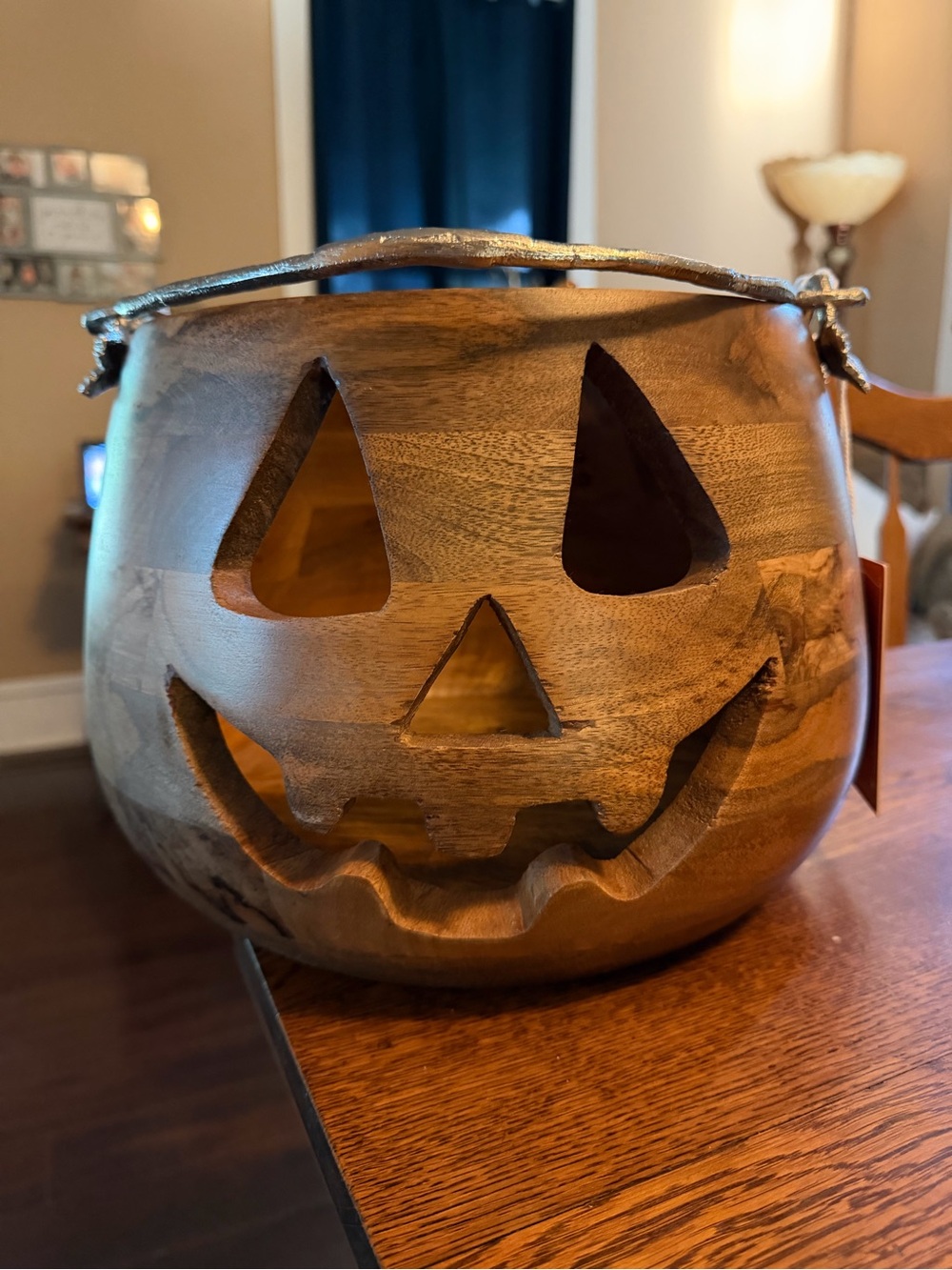 12in Wooden Jack-O'-Lantern Candy Bowl - Brown